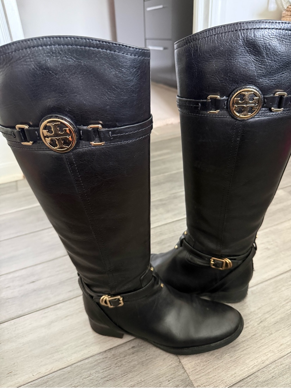 Tory Burch Black Leather Knee-High Riding Boots with Gold Logo Hardware